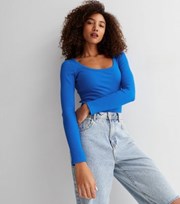 New Look Bright Blue Ribbed Jersey Scoop Neck Long Sleeve Top